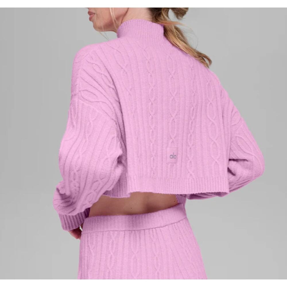 Alo Cable Knit Cropped Winter Bliss Turtleneck Long Sleeve Candy Heart Pink XS - Picture 2 of 5